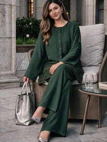 Lacomfia Women's Lace Patchwork Loose Casual Versatile Daily Wear 2 Pieces Set, Plus Size - Green - View 1