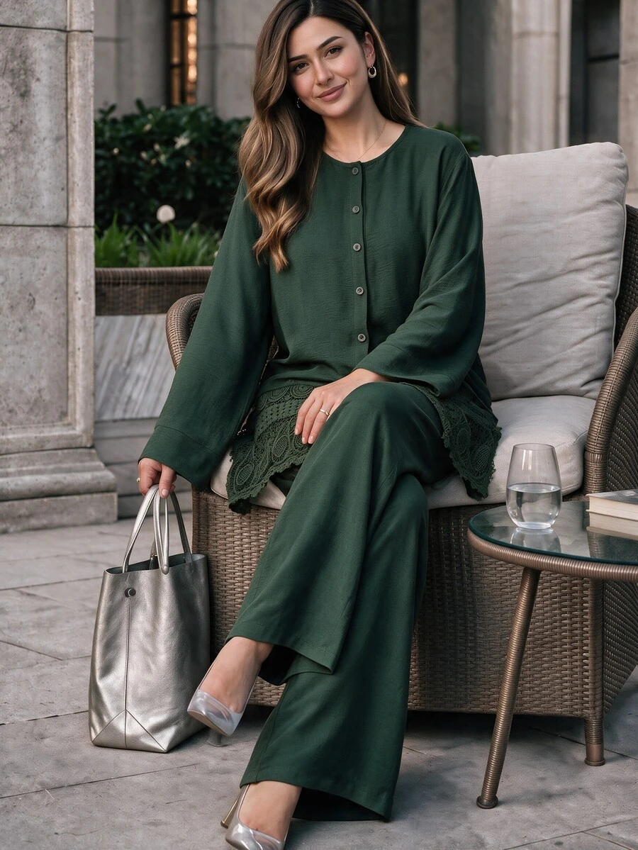 Lacomfia Women's Lace Patchwork Loose Casual Versatile Daily Wear 2 Pieces Set, Plus Size - Green - View 1