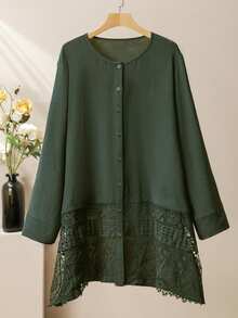 Lacomfia Women's Lace Patchwork Loose Casual Versatile Daily Wear 2 Pieces Set, Plus Size - Green - View 4