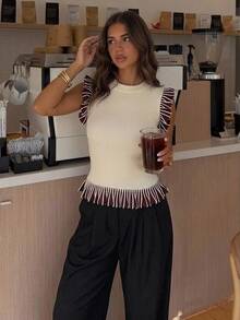 Siren Gaze Women's Fashion Ivory Colorblock Sleeveless Brown Ruffle Hem Knit Top - Apricot - View 4
