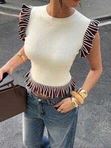 Siren Gaze Women's Fashion Ivory Colorblock Sleeveless Brown Ruffle Hem Knit Top - Apricot - View 11