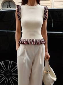 Siren Gaze Women's Fashion Ivory Colorblock Sleeveless Brown Ruffle Hem Knit Top - Apricot - View 6