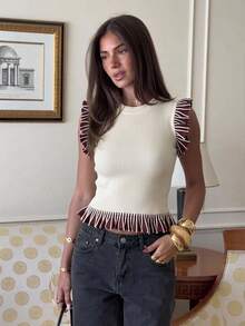 Siren Gaze Women's Fashion Ivory Colorblock Sleeveless Brown Ruffle Hem Knit Top - Apricot - View 8