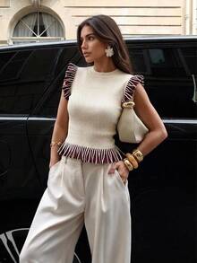 Siren Gaze Women's Fashion Ivory Colorblock Sleeveless Brown Ruffle Hem Knit Top - Apricot - View 1