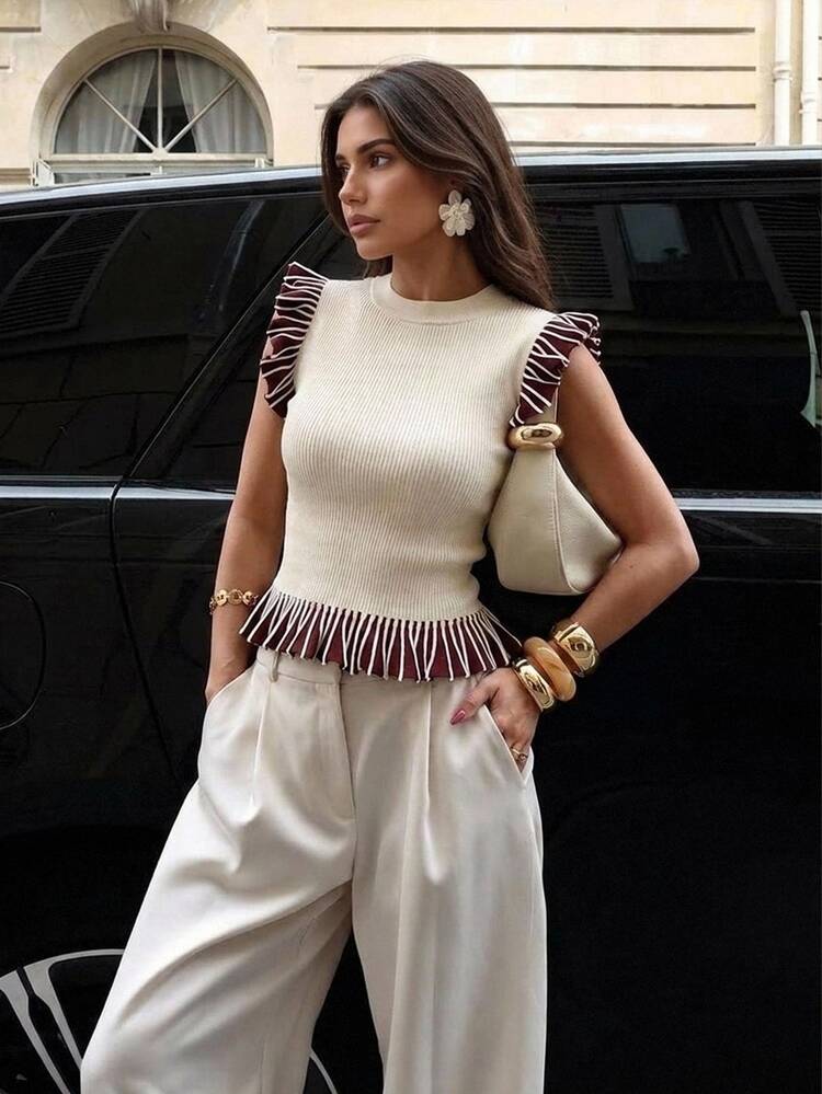 Siren Gaze Women's Fashion Ivory Colorblock Sleeveless Brown Ruffle Hem Knit Top - Apricot - View 1
