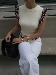 Siren Gaze Women's Fashion Ivory Colorblock Sleeveless Brown Ruffle Hem Knit Top - Apricot - View 9
