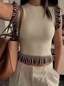 Siren Gaze Women's Fashion Ivory Colorblock Sleeveless Brown Ruffle Hem Knit Top - Apricot - View 10