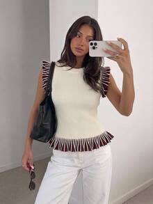 Siren Gaze Women's Fashion Ivory Colorblock Sleeveless Brown Ruffle Hem Knit Top - Apricot - View 7