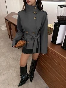 Aloruh 卡其色收腰短款風衣大衣 女款，適合秋冬穿著 - 灰色 - 查看 9