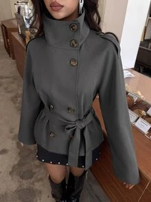 Aloruh 卡其色收腰短款風衣大衣 女款，適合秋冬穿著 - 灰色 - 查看 10