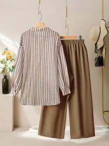 Lacomfia Women's Linen-Like Striped Loose Long Shirt And Wide Leg Pants Set, Casual Comfortable Versatile Plus Size Fall - Multicolor - View 2