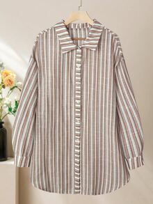 Lacomfia Women's Linen-Like Striped Loose Long Shirt And Wide Leg Pants Set, Casual Comfortable Versatile Plus Size Fall - Multicolor - View 8
