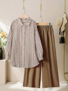 Lacomfia Women's Linen-Like Striped Loose Long Shirt And Wide Leg Pants Set, Casual Comfortable Versatile Plus Size Fall - Multicolor - View 3