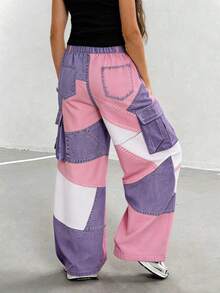 SHEIN [Denim Effect] Tween Girls Cargo Pants, Fall Streetwear, Loose Basic Textured Vacation Y2k High-Rise/High-Waisted Wide Leg Cargo Pants - Multicolor - View 2