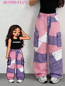 SHEIN [Denim Effect] Tween Girls Cargo Pants, Fall Streetwear, Loose Basic Textured Vacation Y2k High-Rise/High-Waisted Wide Leg Cargo Pants - Multicolor - View 1