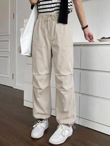 DAZY Solid Drawstring Waist Slant Pocket Pants - Apricot - View 4