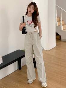 DAZY Solid Drawstring Waist Slant Pocket Pants - Apricot - View 3