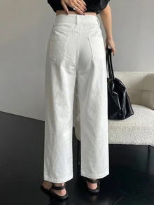 DAZY Women's Solid Color Pocket Button Casual Versatile Daily Wear Pants - White - View 5