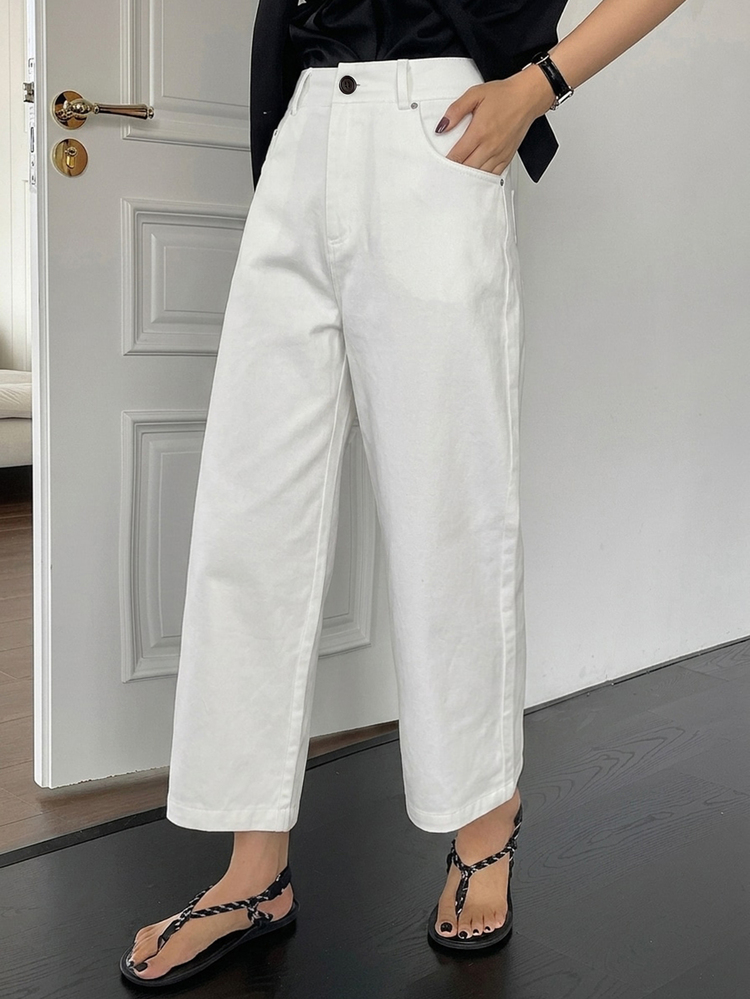 DAZY Women's Solid Color Pocket Button Casual Versatile Daily Wear Pants - White - View 4