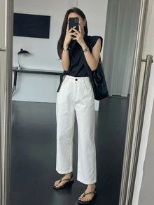 DAZY Women's Solid Color Pocket Button Casual Versatile Daily Wear Pants - White - View 3