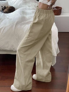 Livesso Solid Color Elastic Waist Patchwork Straight Leg Pants Fall - Khaki - View 8
