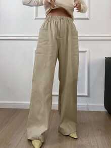 Livesso Solid Color Elastic Waist Patchwork Straight Leg Pants Fall - Khaki - View 5