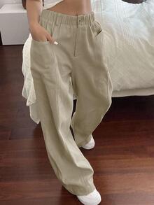 Livesso Solid Color Elastic Waist Patchwork Straight Leg Pants Fall - Khaki - View 9