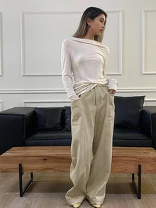 Livesso Solid Color Elastic Waist Patchwork Straight Leg Pants Fall - Khaki - View 6