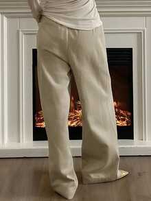Livesso Solid Color Elastic Waist Patchwork Straight Leg Pants Fall - Khaki - View 2