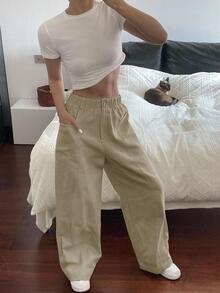 Livesso Solid Color Elastic Waist Patchwork Straight Leg Pants Fall - Khaki - View 4