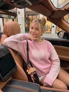Tween Girl Heart Stripe Pink Cute Pullover Sweater Autumn Winter - Pink - View 9