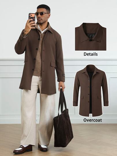 HUEFORM Abrigo largo de estilo vintage marrón para hombre, diseño de silueta de un solo pecho, estilo Ins, ropa de trabajo casual para otoño/invierno