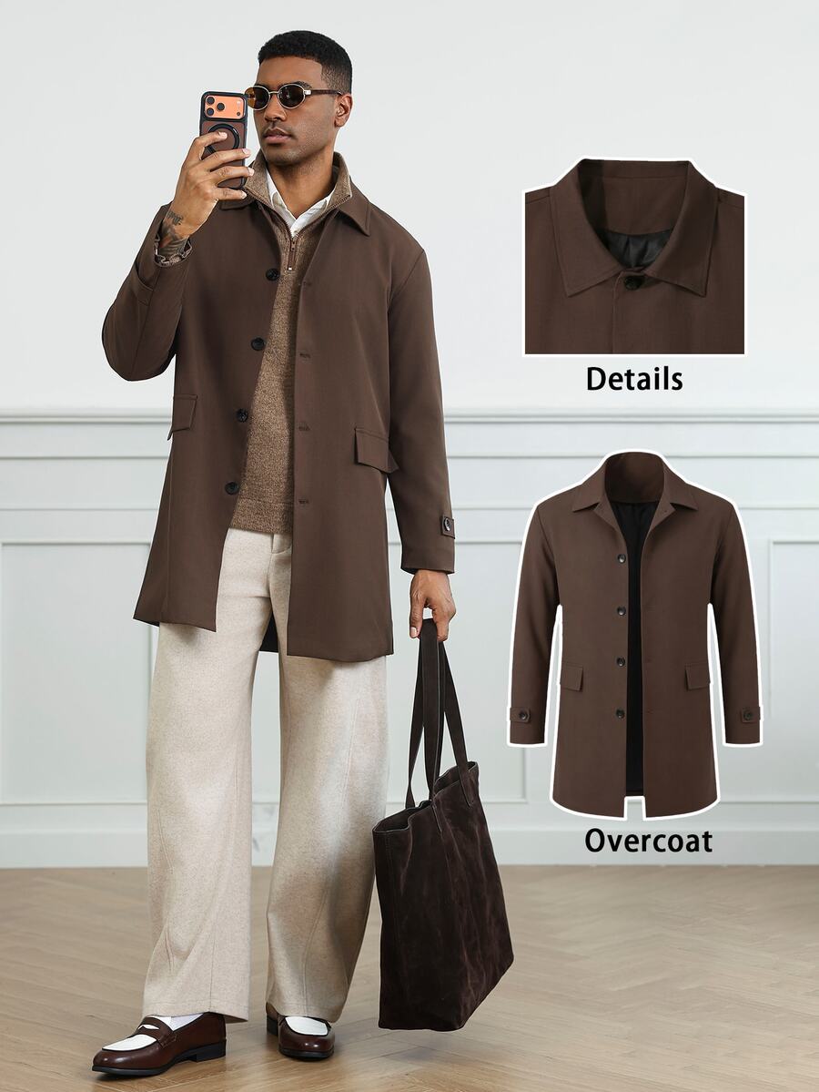 HUEFORM Men's Vintage Brown Long Single-Breasted Silhouette Design, Ins Style Autumn/Winter Workwear Casual Trench Coat - Coffee Brown - View 1
