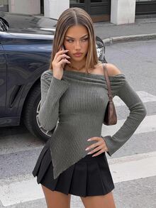 SHEIN ICON Grunge Asymmetrical Neck Rib-knit Tee - Dark Grey - View 3