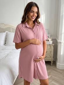 SHEIN 孕妇纯色短袖单排扣休闲罗纹针织连衣裙 - 粉色 - 查看 4