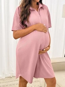 SHEIN 孕妇纯色短袖单排扣休闲罗纹针织连衣裙 - 粉色 - 查看 2