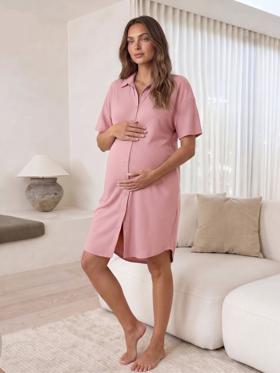 SHEIN 孕妇纯色短袖单排扣休闲罗纹针织连衣裙 - 粉色 - 查看 1