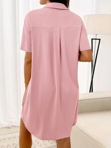 SHEIN 孕妇纯色短袖单排扣休闲罗纹针织连衣裙 - 粉色 - 查看 3