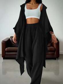 OPHERINE 2pcs Women Solid Color Batwing Sleeve Hoodie Sweatshirt And Pants Set Fall Cloth For Women Vacation Black Casual Basic Beach - Black - View 3