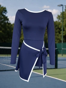 CourtClass CourtClass 1pc Navy White Contrast Long Sleeve Wrap Skort Dress, Tie Side Wrap Mini Tennis Dress With Built-In Shorts, Slim Fit For Sports Daily Summer - Navy Blue - View 4