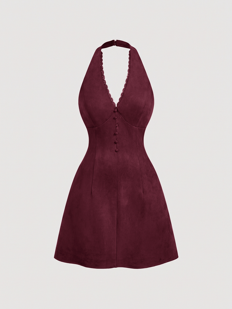 Skyraze Women's Solid Color Button Design Elegant Vintage Halter Neck Mini Dress Holiday Bday Shades Of Brown Autumn.Halloween.Back To School. - Burgundy - View 3
