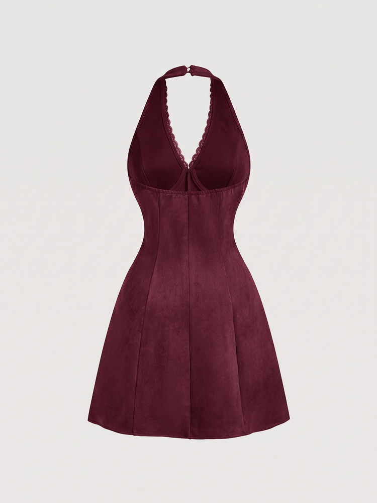 Skyraze Women's Solid Color Button Design Elegant Vintage Halter Neck Mini Dress Holiday Bday Shades Of Brown Autumn.Halloween.Back To School. - Burgundy - View 2
