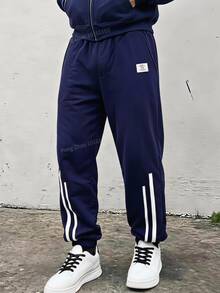 SHEIN Tween Boys' Casual Striped Drawstring Waist Sweatpants, Suitable For Leisure, Sports, And School Wear Fall Winter - Navy Blue - View 2