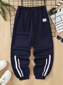 SHEIN Tween Boys' Casual Striped Drawstring Waist Sweatpants, Suitable For Leisure, Sports, And School Wear Fall Winter - Navy Blue - View 8