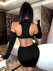 SHEIN X Lucía Bellido SHEIN SXY Cut Out Cold Shoulder Thumbholes Bodycon Dress - Black - View 2