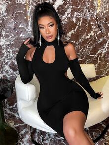 SHEIN X Lucía Bellido SHEIN SXY Cut Out Cold Shoulder Thumbholes Bodycon Dress - Black - View 6