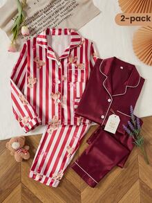 SHEIN Girls Pajamas Cute Striped Bear Bow Print Comfortable Soft Satin Long Sleeve Cardigan And Pants 2 Pieces Set Loungewear - Multicolor - View 1