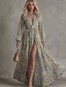 CHARMVALE Women's Fashion Elegant Metal Decor Paisley Print Dress - Green - View 1