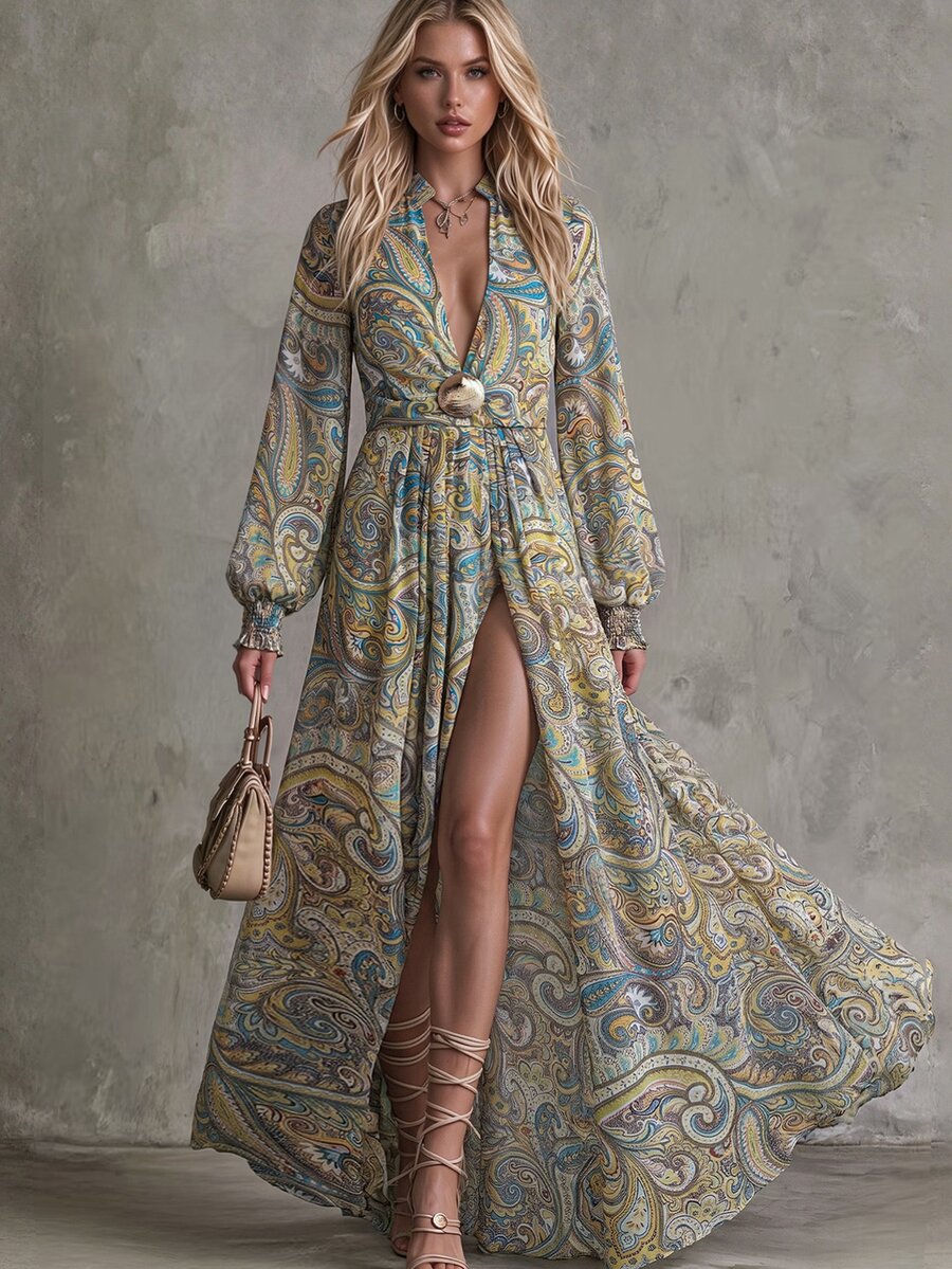CHARMVALE Women's Fashion Elegant Metal Decor Paisley Print Dress - Green - View 1
