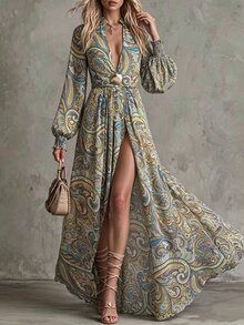 CHARMVALE Women's Fashion Elegant Metal Decor Paisley Print Dress - Green - View 4